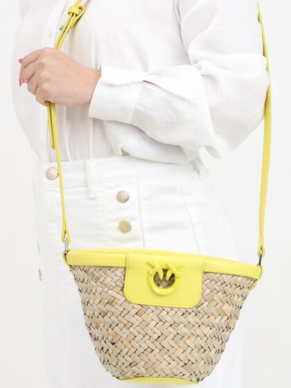 Сумка міні крос-боді Pinko Love Summer Bucket з Рафію та Натуральної шкіри Бежева з Жовтим2